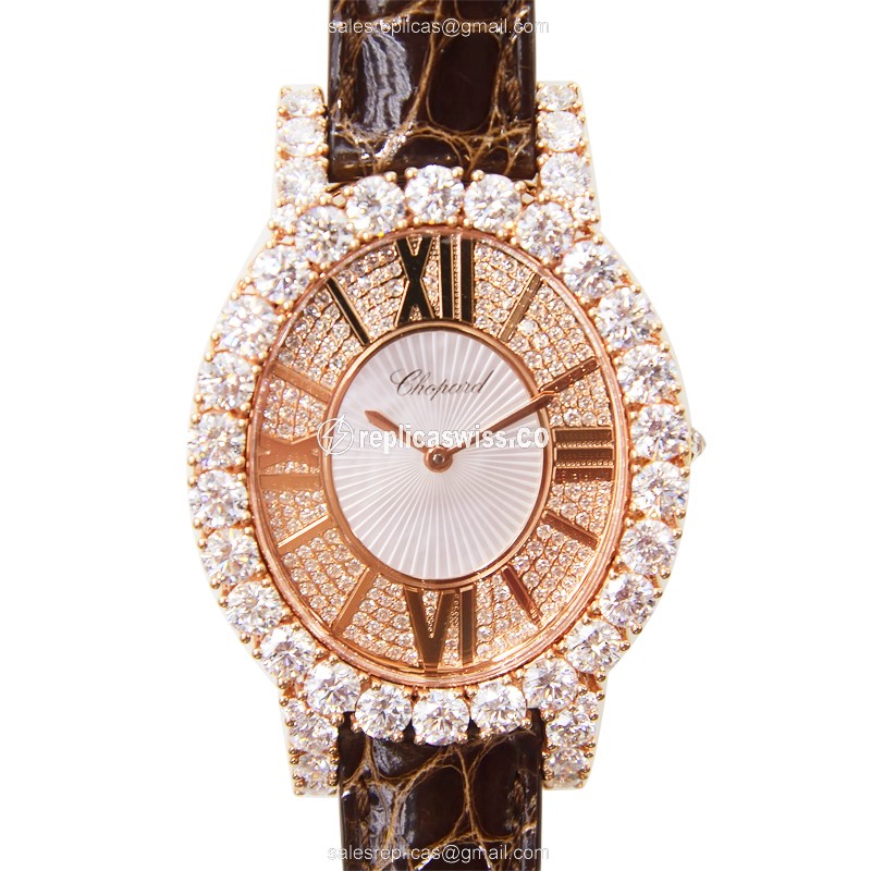 Chopard Happy Sport Quartz 18kt Rose Gold & Diamond - Buckle Clasp - Brown Alligator Strap